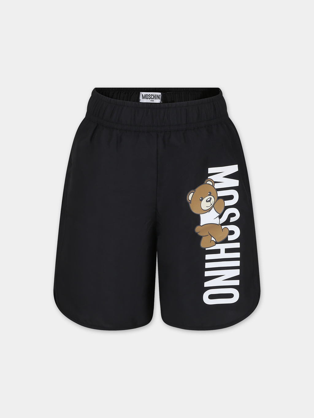 Black swim shorts for boy with Teddy Bear and logo